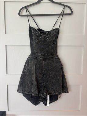 Mustard Seed Washed Black Denim Romper with Spaghetti Straps